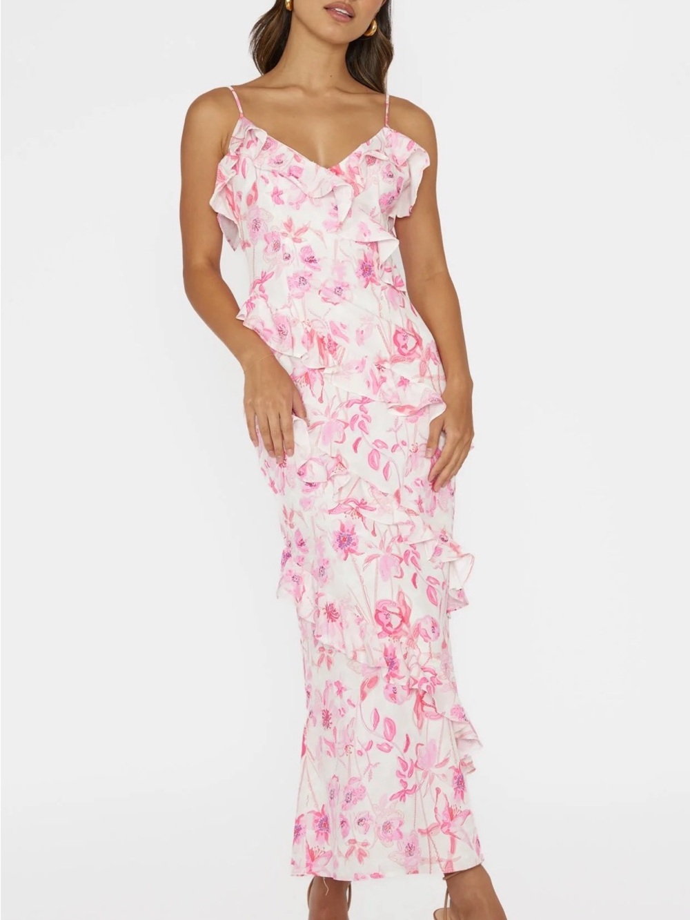 Selfie Leslie Pink Floral Ruffle Maxi Dress XS